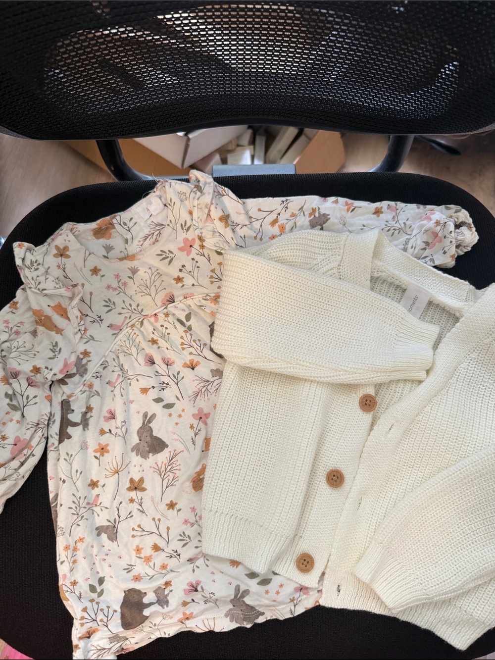 Cream Knit Button Cardigan and Floral Bunny Print Top Set for Kids